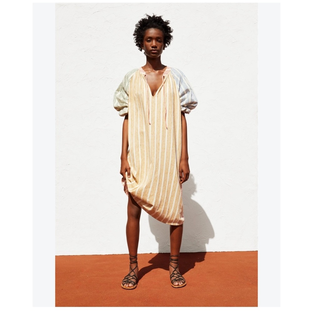 Zara Striped Colorblock Midi Dress V-Neck Long Sleeve Multi-Color Womens Medium